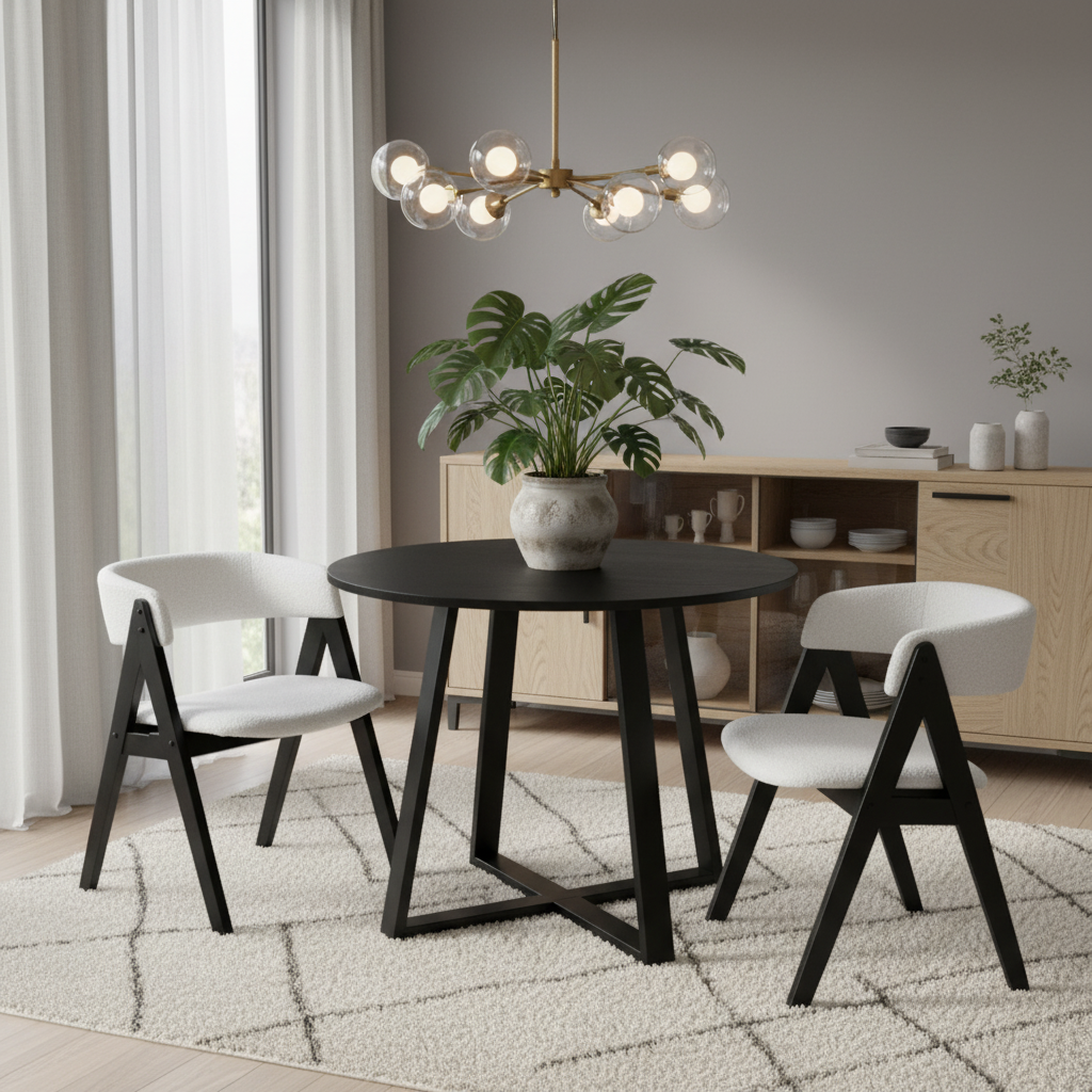 36" Round Pedestal Dining Set - 2 Sherpa Upholstered Chairs