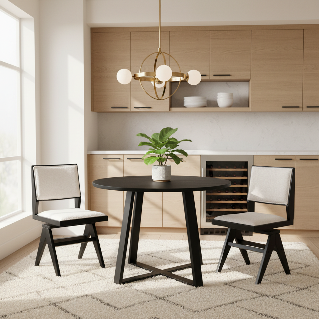 Wooden Dining Chair Set of 2 - Sherpa Upholstered, Black