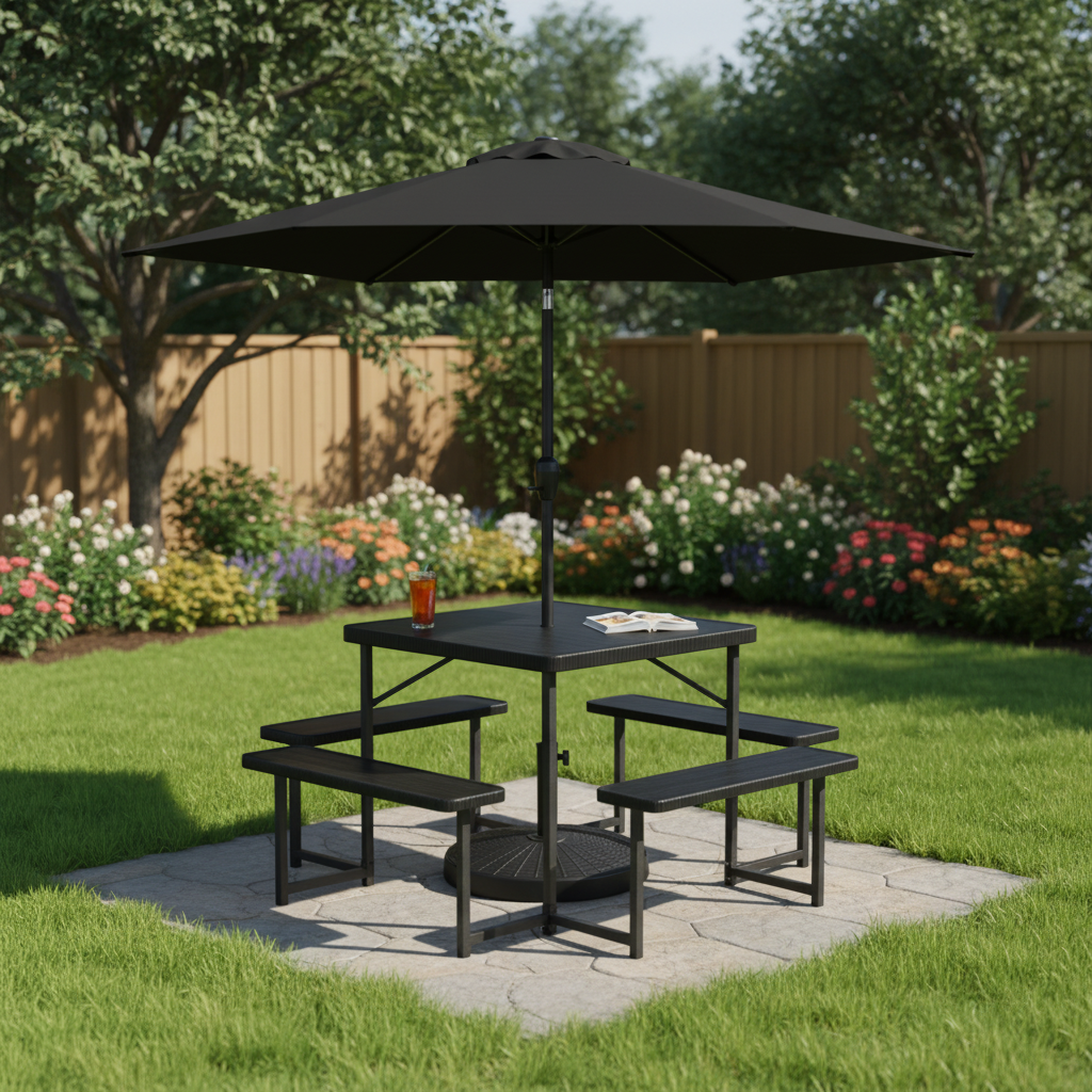 Outdoor Picnic Table Bench Set with 7.5 ft Umbrella & Base