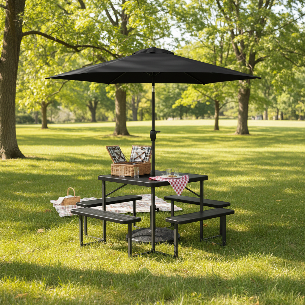 Outdoor Picnic Table Bench Set with 7.5 ft Umbrella & Base