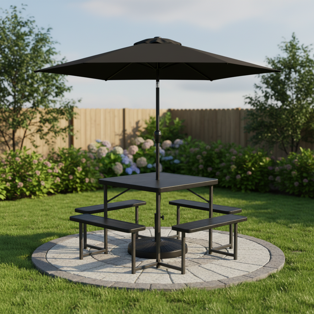 Outdoor Picnic Table Bench Set with 7.5 ft Umbrella & Base