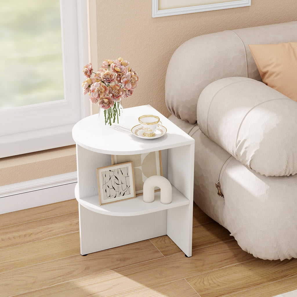 Half Round End Table with Open Shelves, White