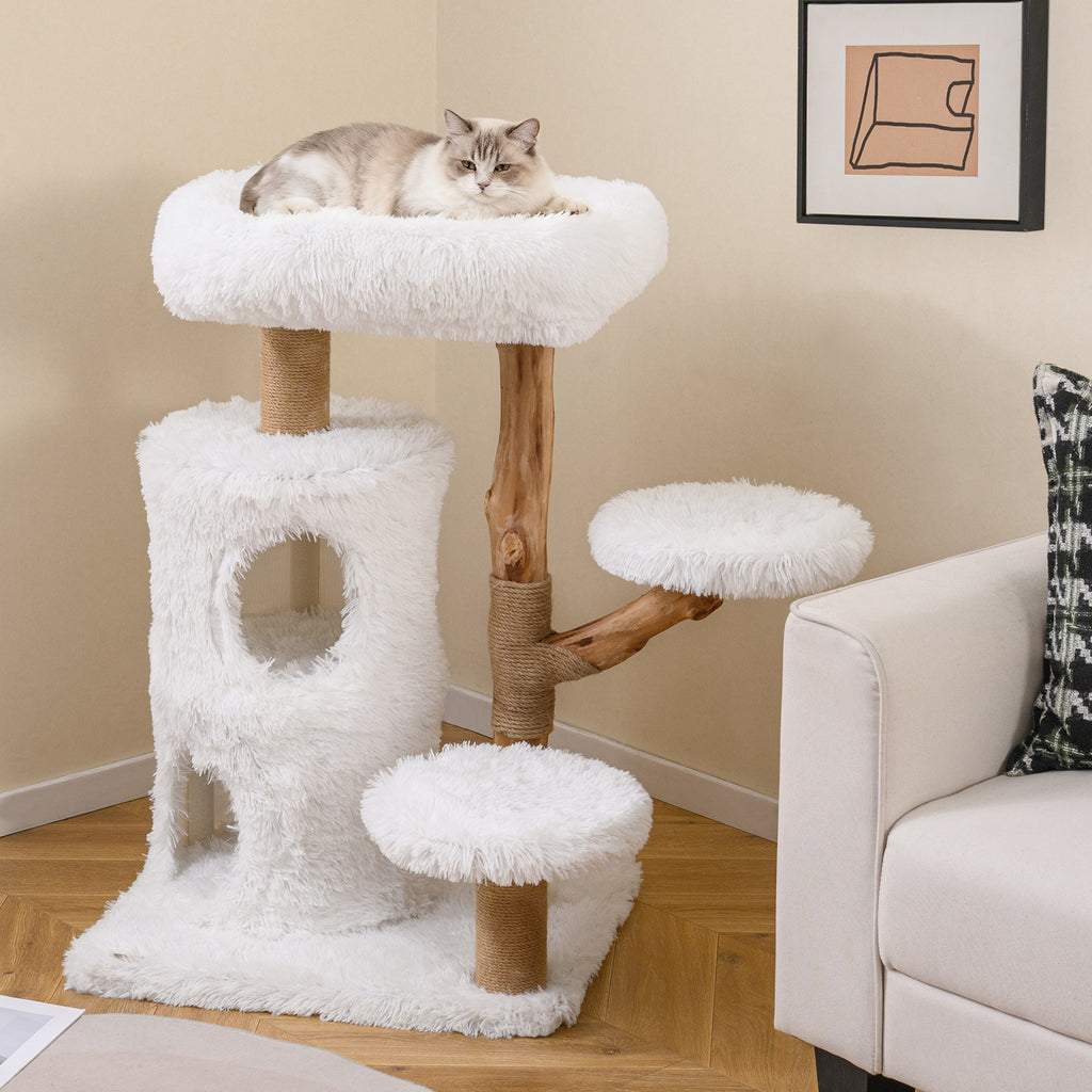 Modern Cat Tree for Indoor Cats - White 30.5 Inch Cat Tower with Solid Wood Branches & Multi-Level Perches