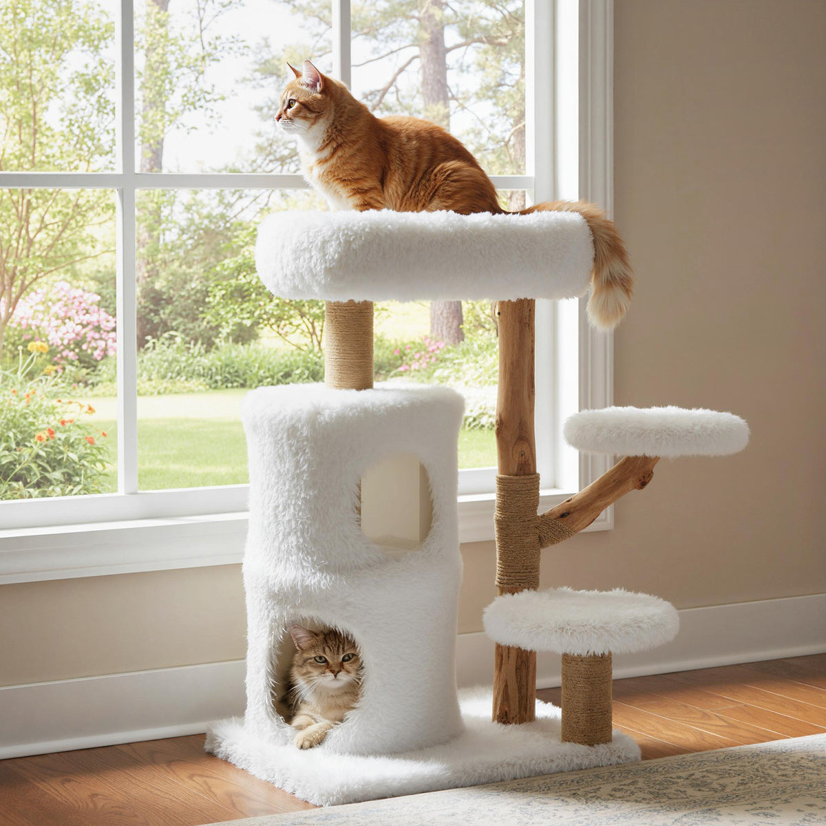 Modern Cat Tree for Indoor Cats - White 30.5 Inch Cat Tower with Solid Wood Branches & Multi-Level Perches