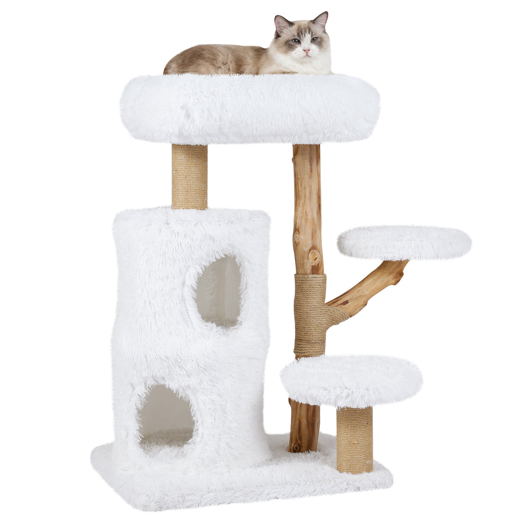 Modern Cat Tree for Indoor Cats - White 30.5 Inch Cat Tower with Solid Wood Branches & Multi-Level Perches