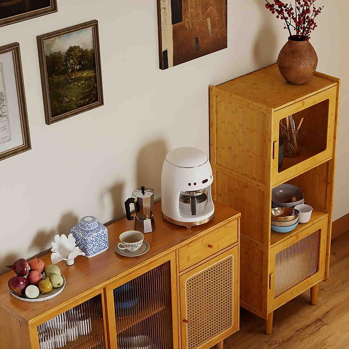 3-Piece Dining Room Set with Wooden Chairs & Storage Cabinets