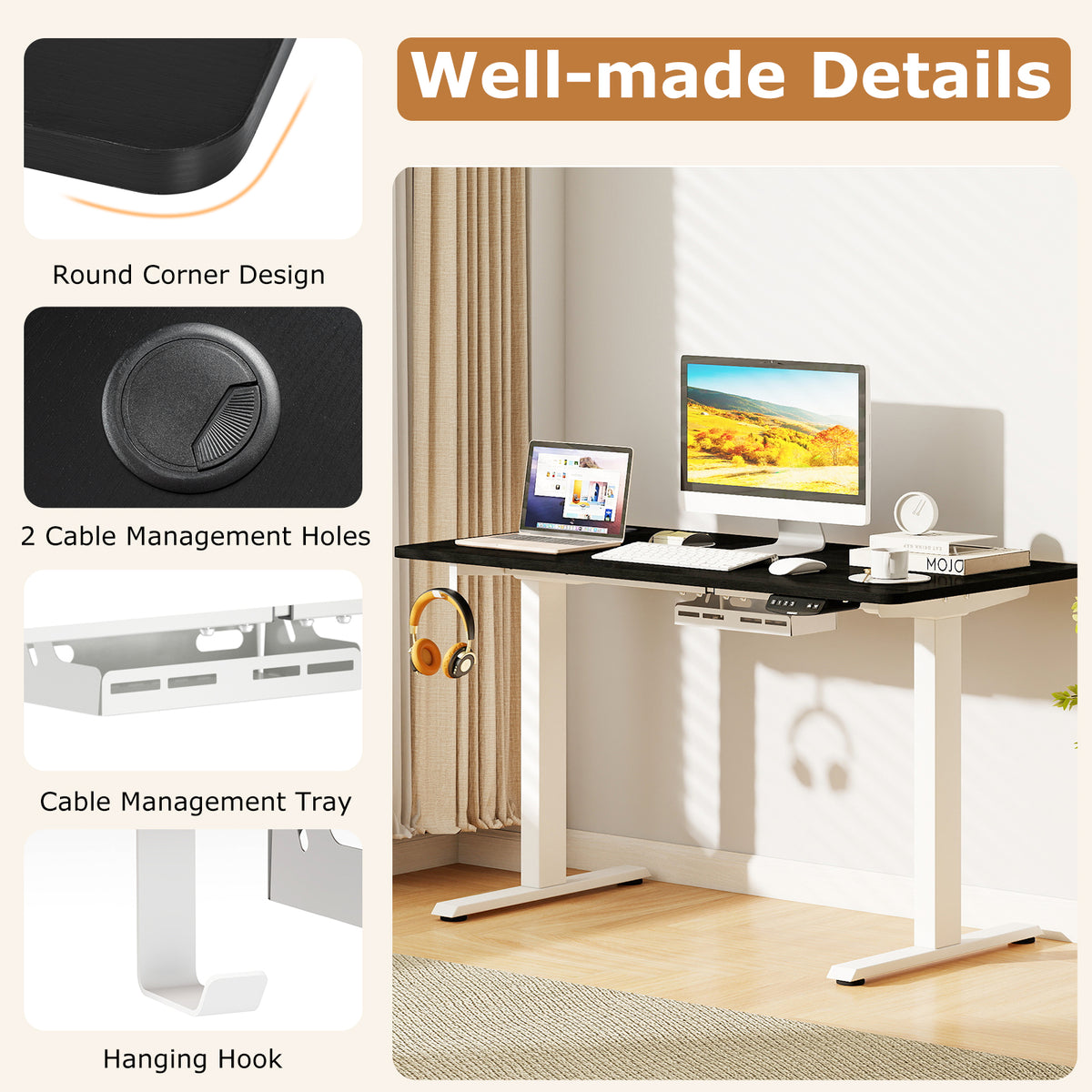 Electric Standing Desk Height Adjustable, 3 Memory Settings - Small, Black