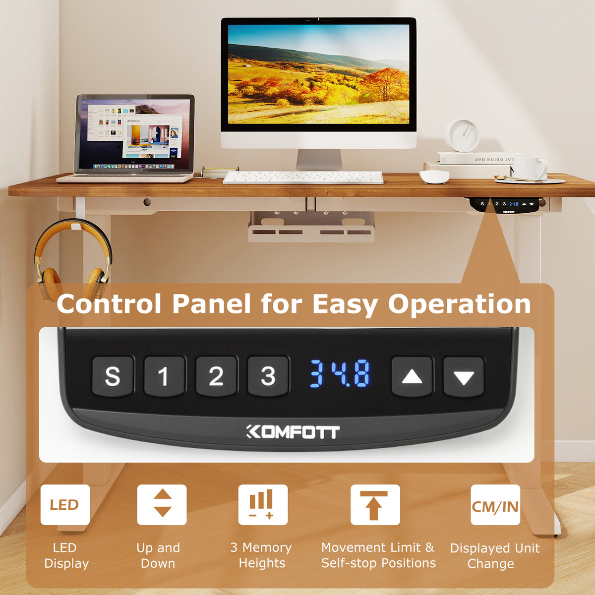 Electric Standing Desk Height Adjustable 3 Memory - Walnut, Small
