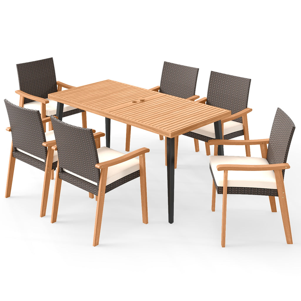 7-Pieces Patio Dining Table Set Acacia Wood and 6 Armchairs