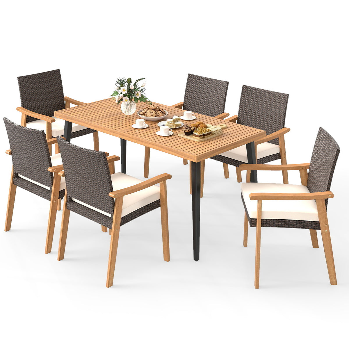 7-Pieces Patio Dining Table Set Acacia Wood and 6 Armchairs