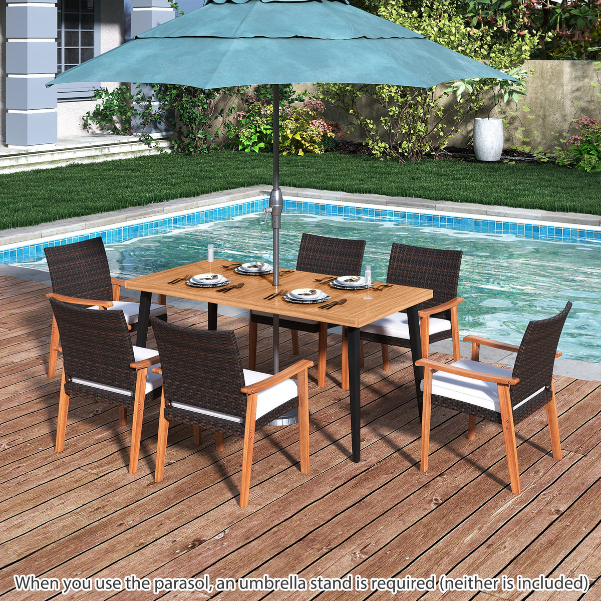 7-Pieces Patio Dining Table Set Acacia Wood and 6 Armchairs