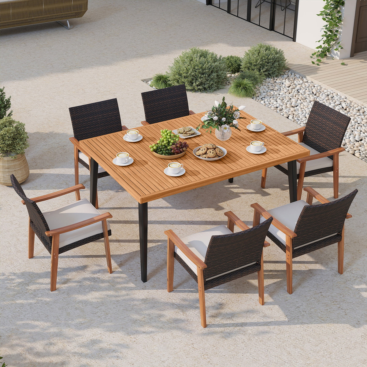 7-Pieces Patio Dining Table Set Acacia Wood and 6 Armchairs