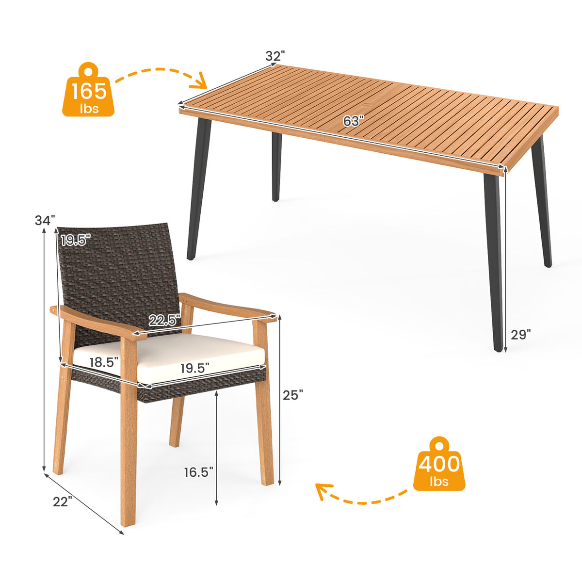7-Pieces Patio Dining Table Set Acacia Wood and 6 Armchairs