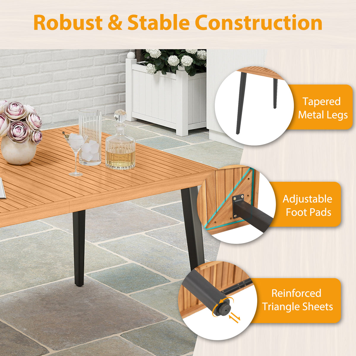 7-Pieces Patio Dining Table Set Acacia Wood and 6 Armchairs