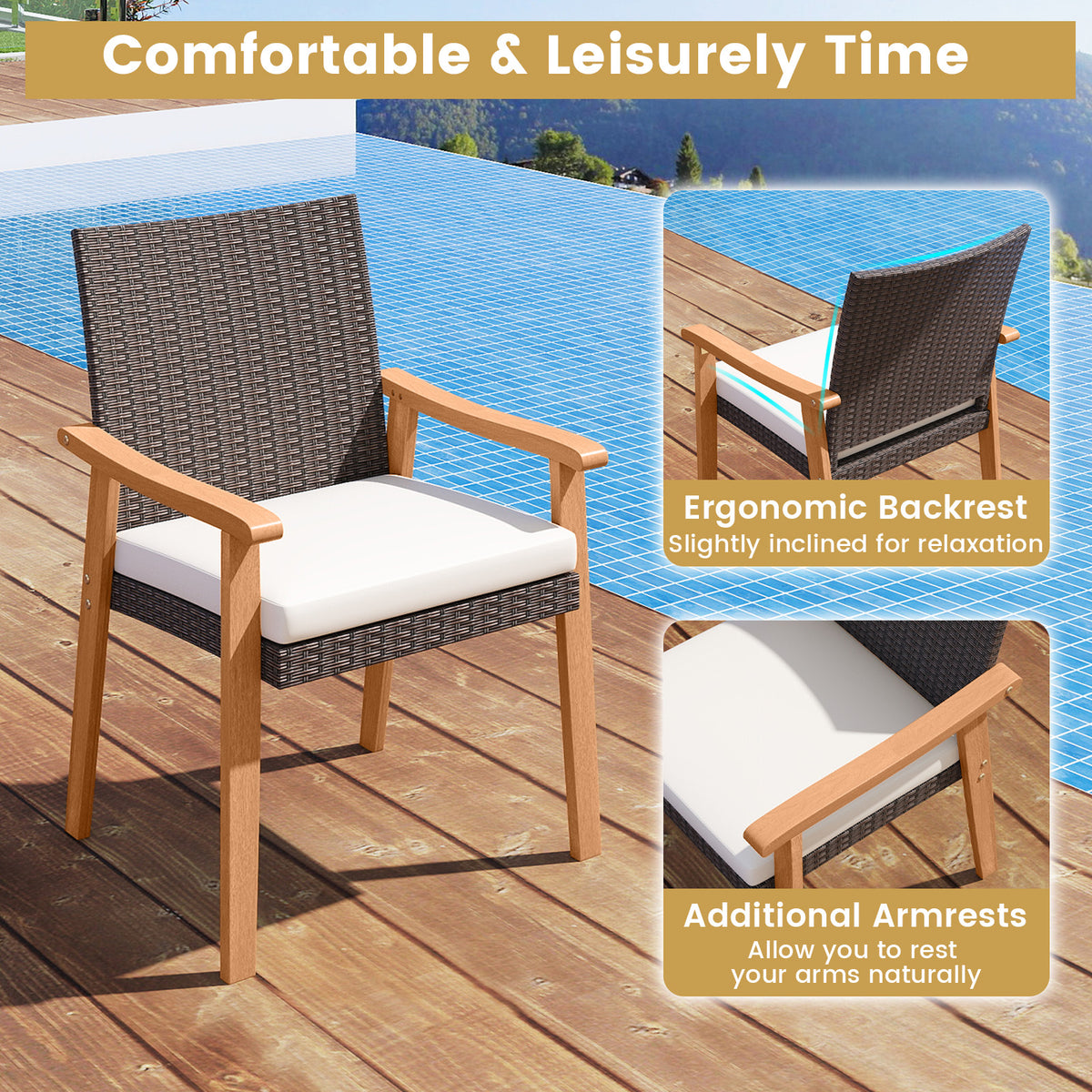 7-Pieces Patio Dining Table Set Acacia Wood and 6 Armchairs
