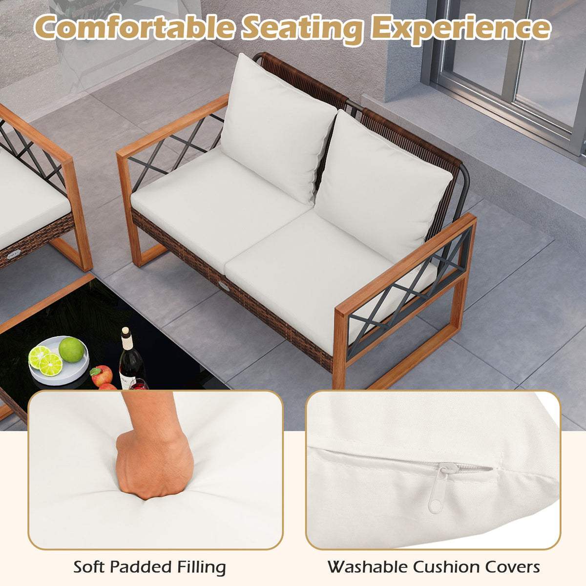 5 Pieces PE Wicker Patio Furniture Set with Acacia Wood Frame