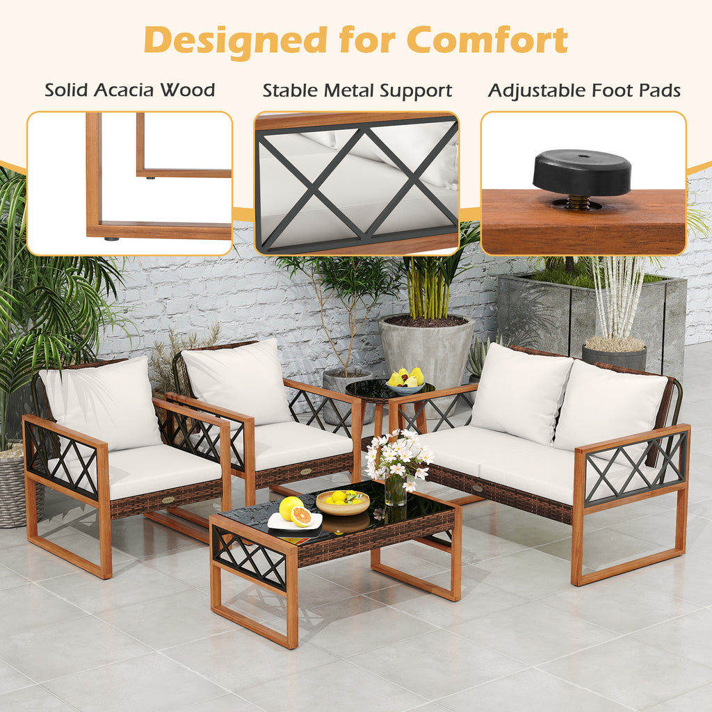 5 Pieces PE Wicker Patio Furniture Set with Acacia Wood Frame