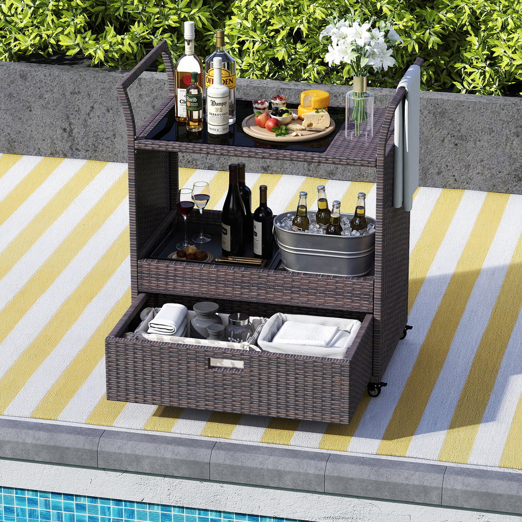 Outdoor Wicker Bar Cart with Tempered Glass Top