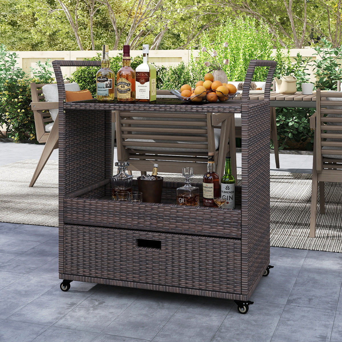Outdoor Wicker Bar Cart with Tempered Glass Top