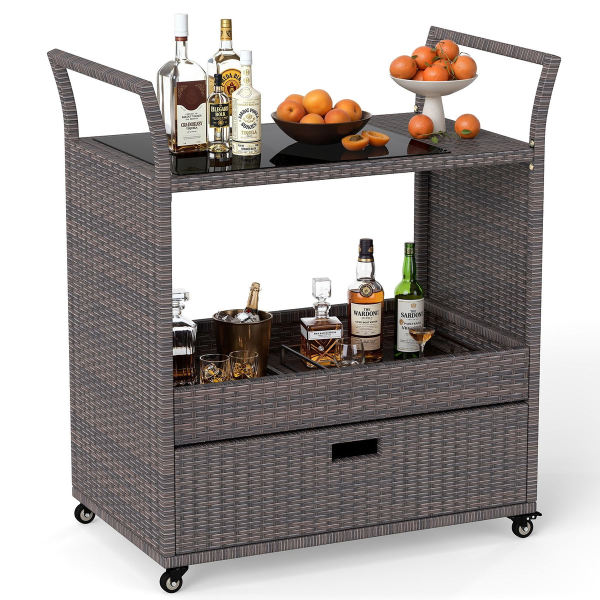 Outdoor Wicker Bar Cart with Tempered Glass Top