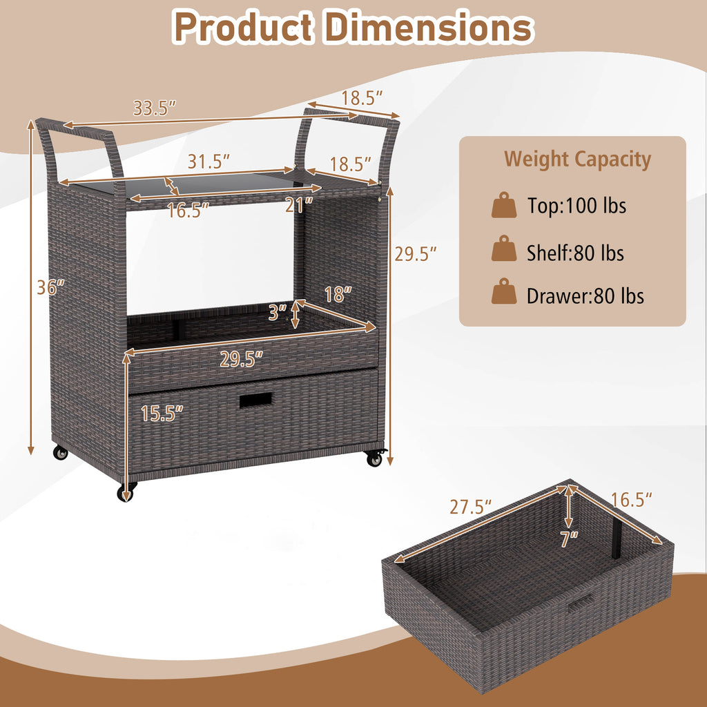 Outdoor Wicker Bar Cart with Tempered Glass Top