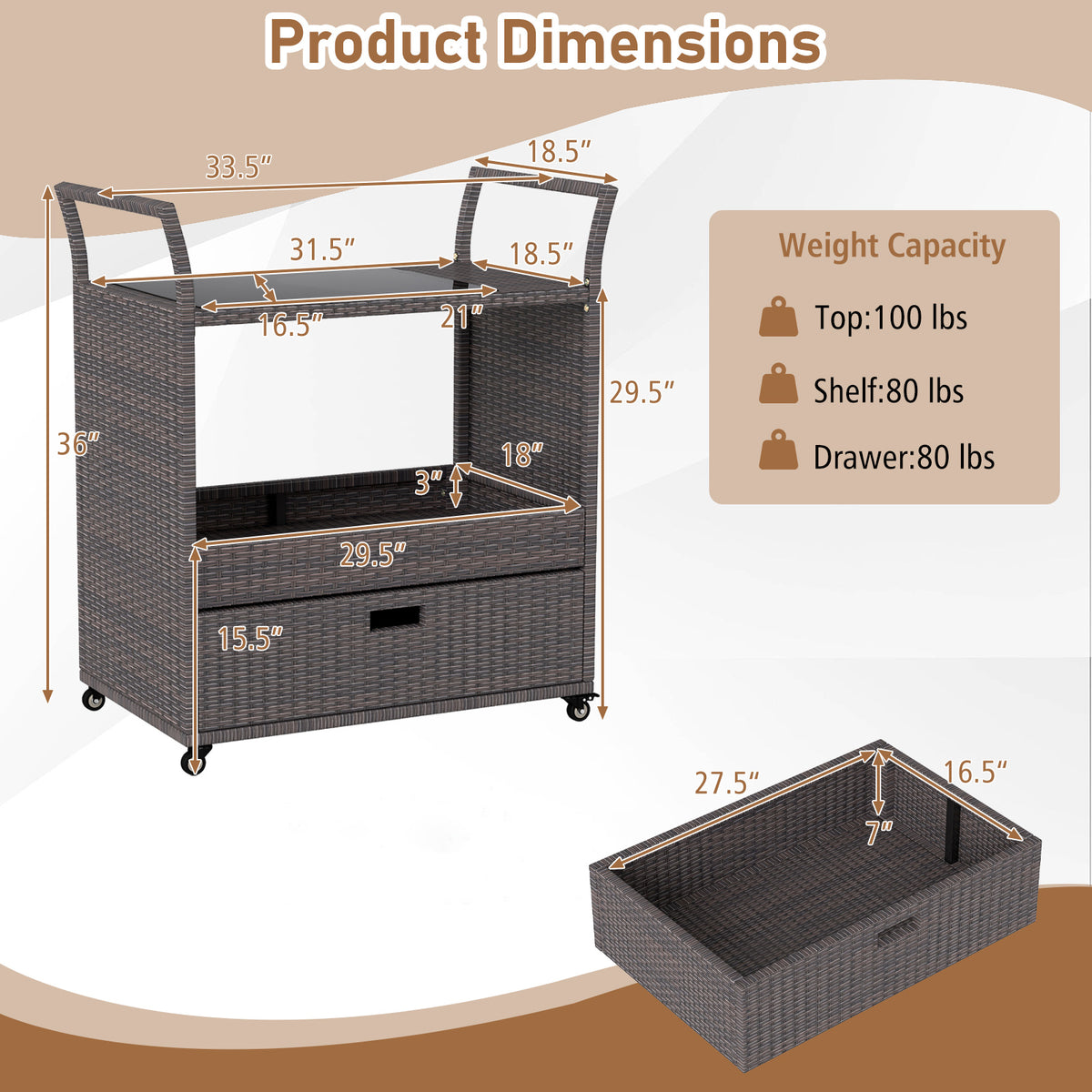 Outdoor Wicker Bar Cart with Tempered Glass Top