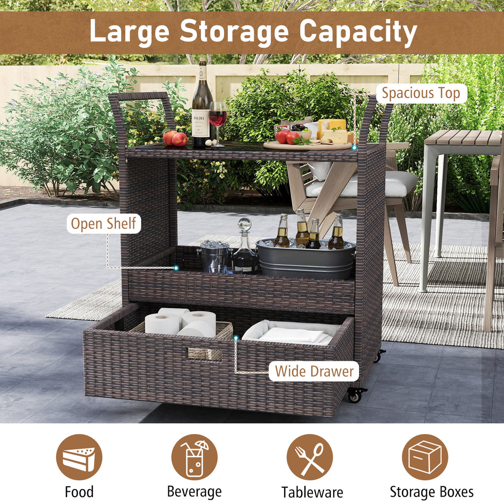 Outdoor Wicker Bar Cart with Tempered Glass Top