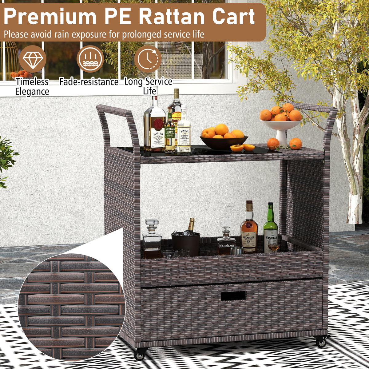 Outdoor Wicker Bar Cart with Tempered Glass Top