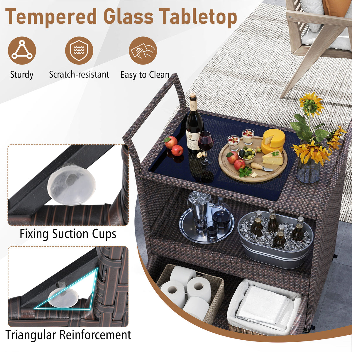 Outdoor Wicker Bar Cart with Tempered Glass Top
