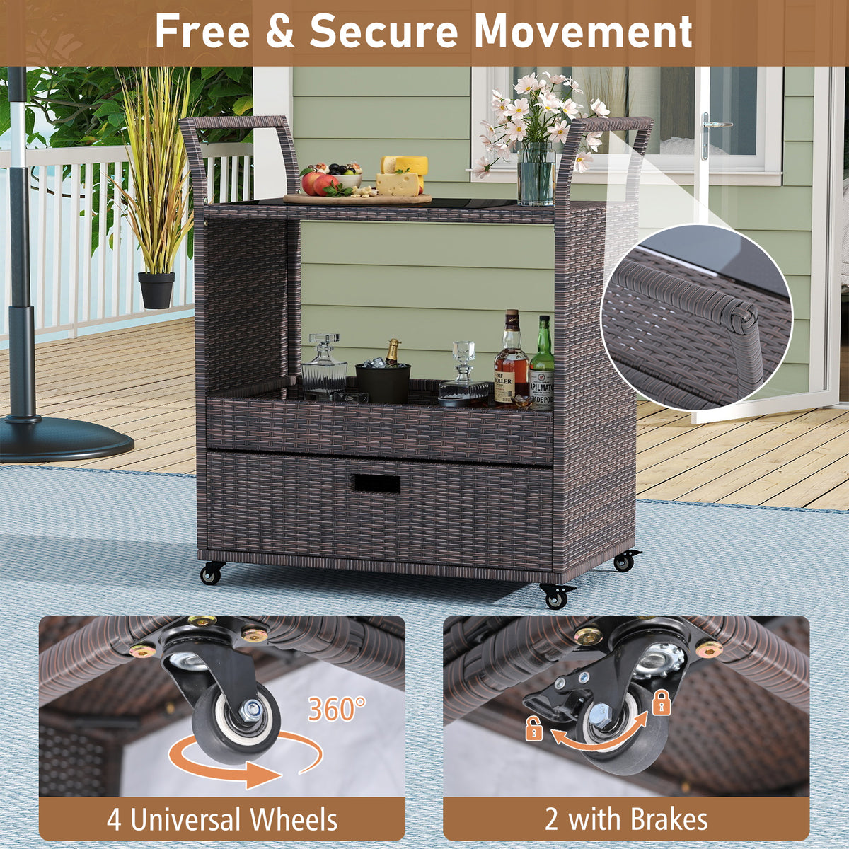 Outdoor Wicker Bar Cart with Tempered Glass Top