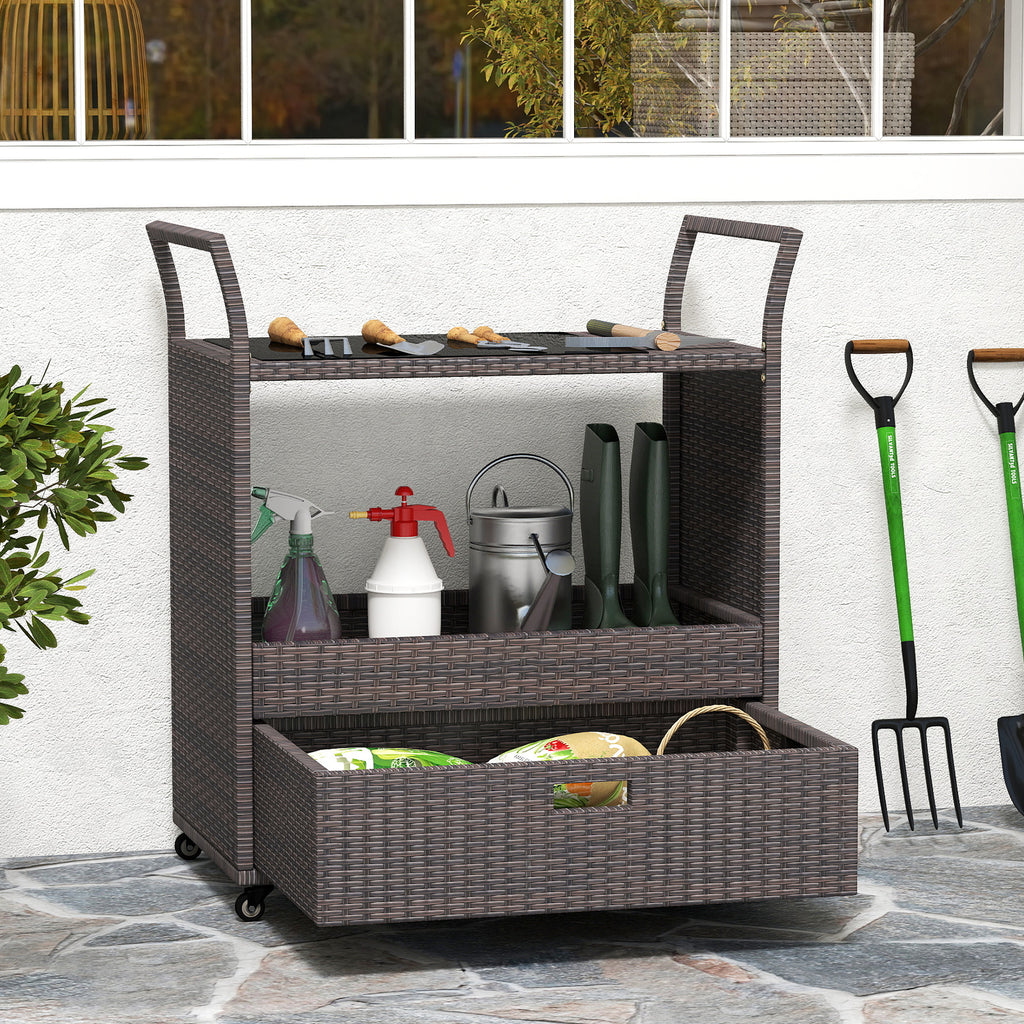 Outdoor Wicker Bar Cart with Tempered Glass Top