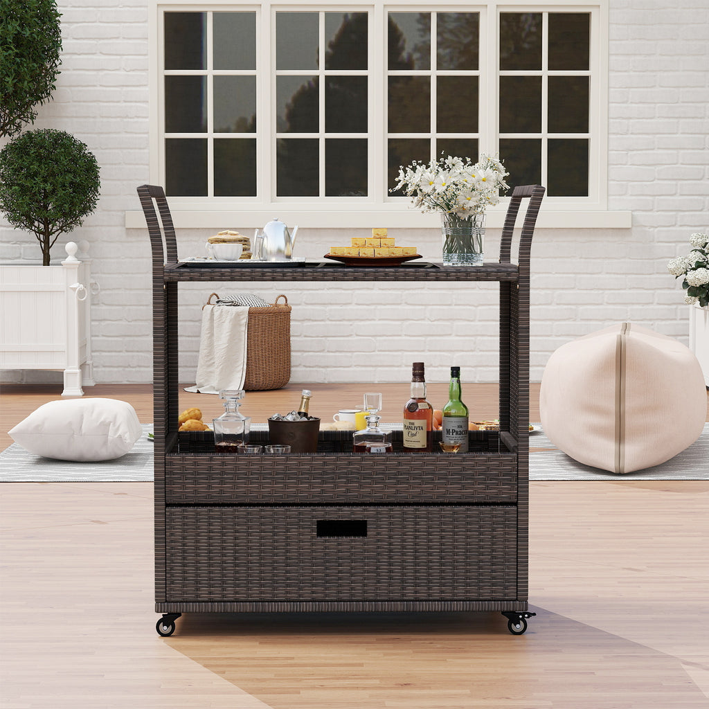 Outdoor Wicker Bar Cart with Tempered Glass Top