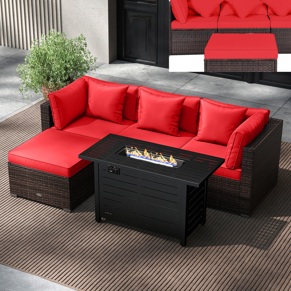 Rattan Sofa Set with 60000 BTU Firepit Table - Red