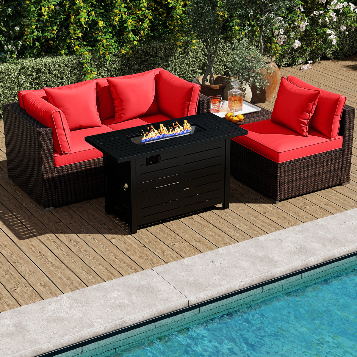 Rattan Sofa Set with 60000 BTU Firepit Table - Red