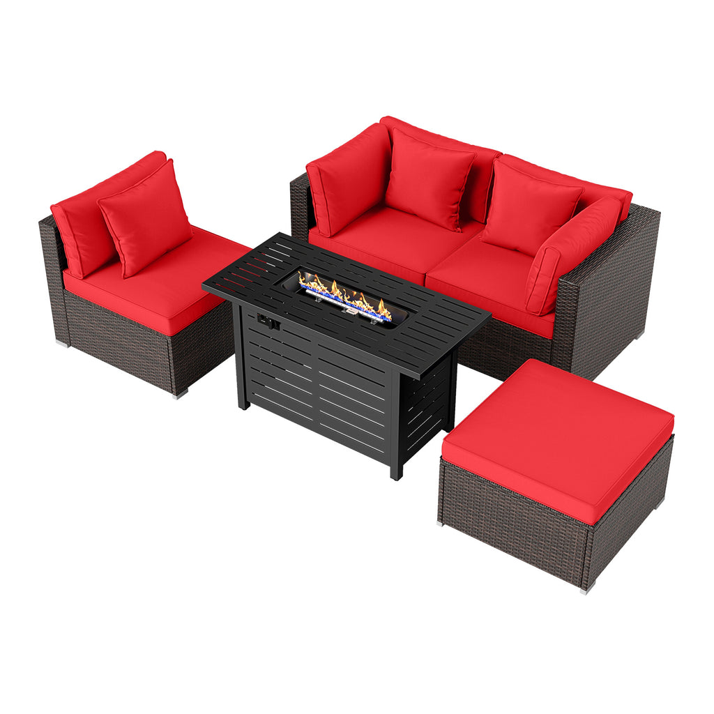 Rattan Sofa Set with 60000 BTU Firepit Table - Red