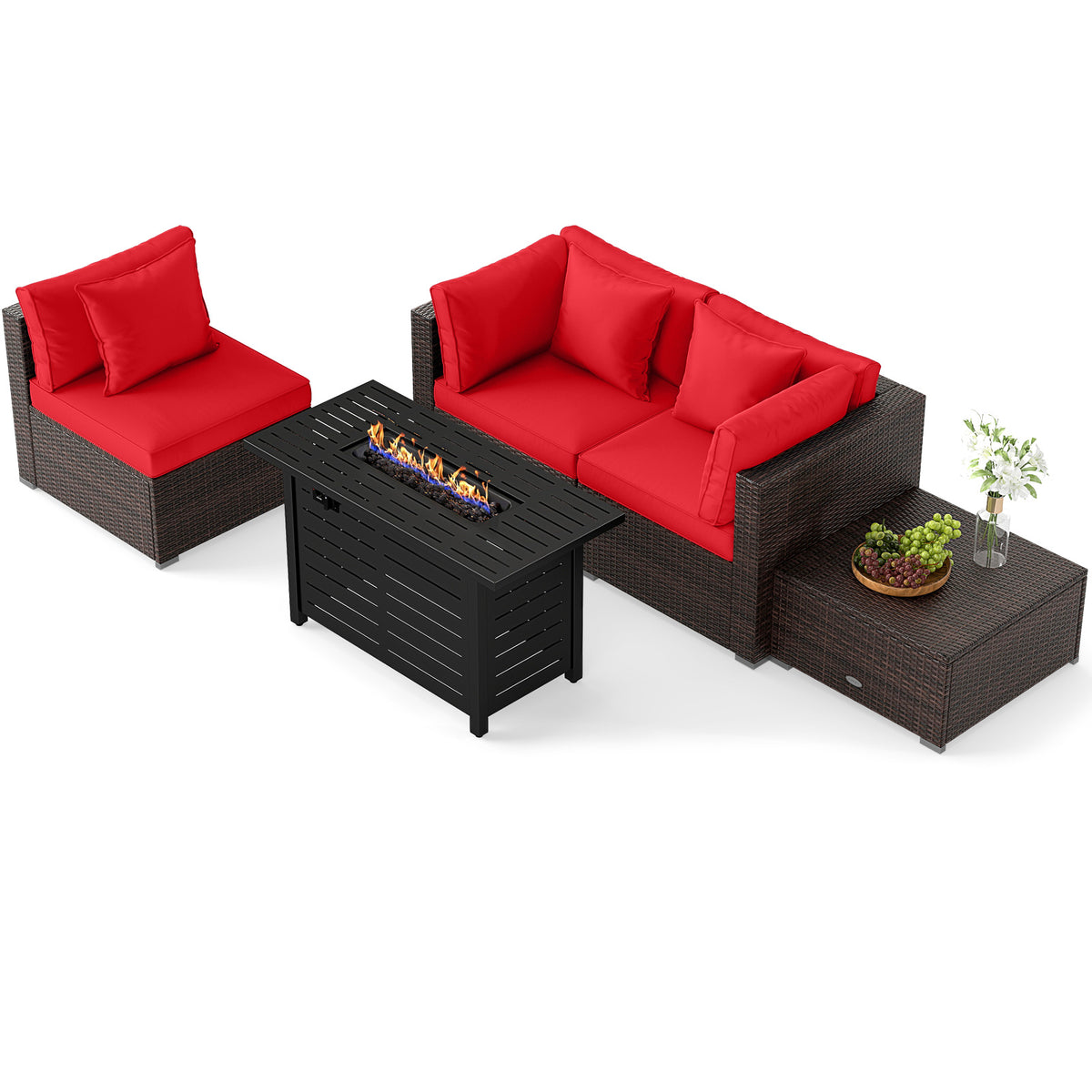 Rattan Sofa Set with 60000 BTU Firepit Table - Red