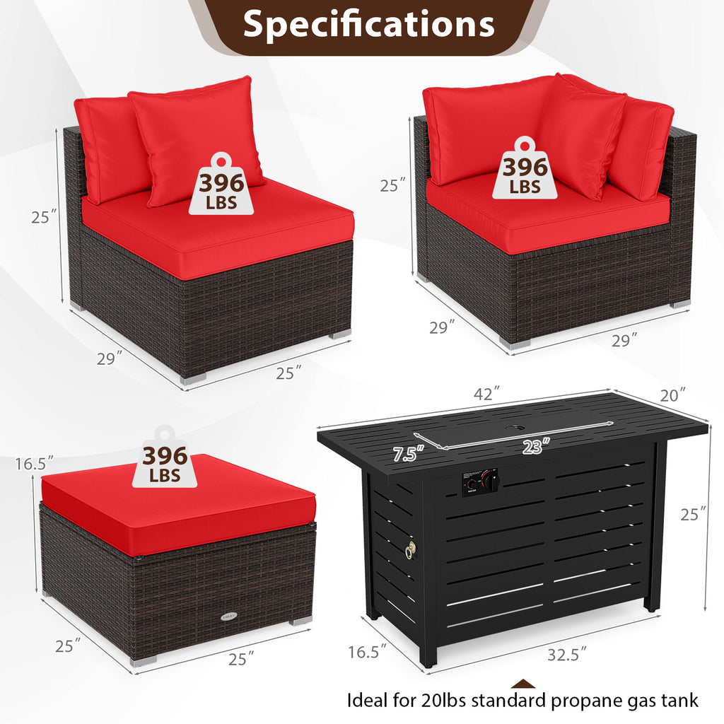 Rattan Sofa Set with 60000 BTU Firepit Table - Red