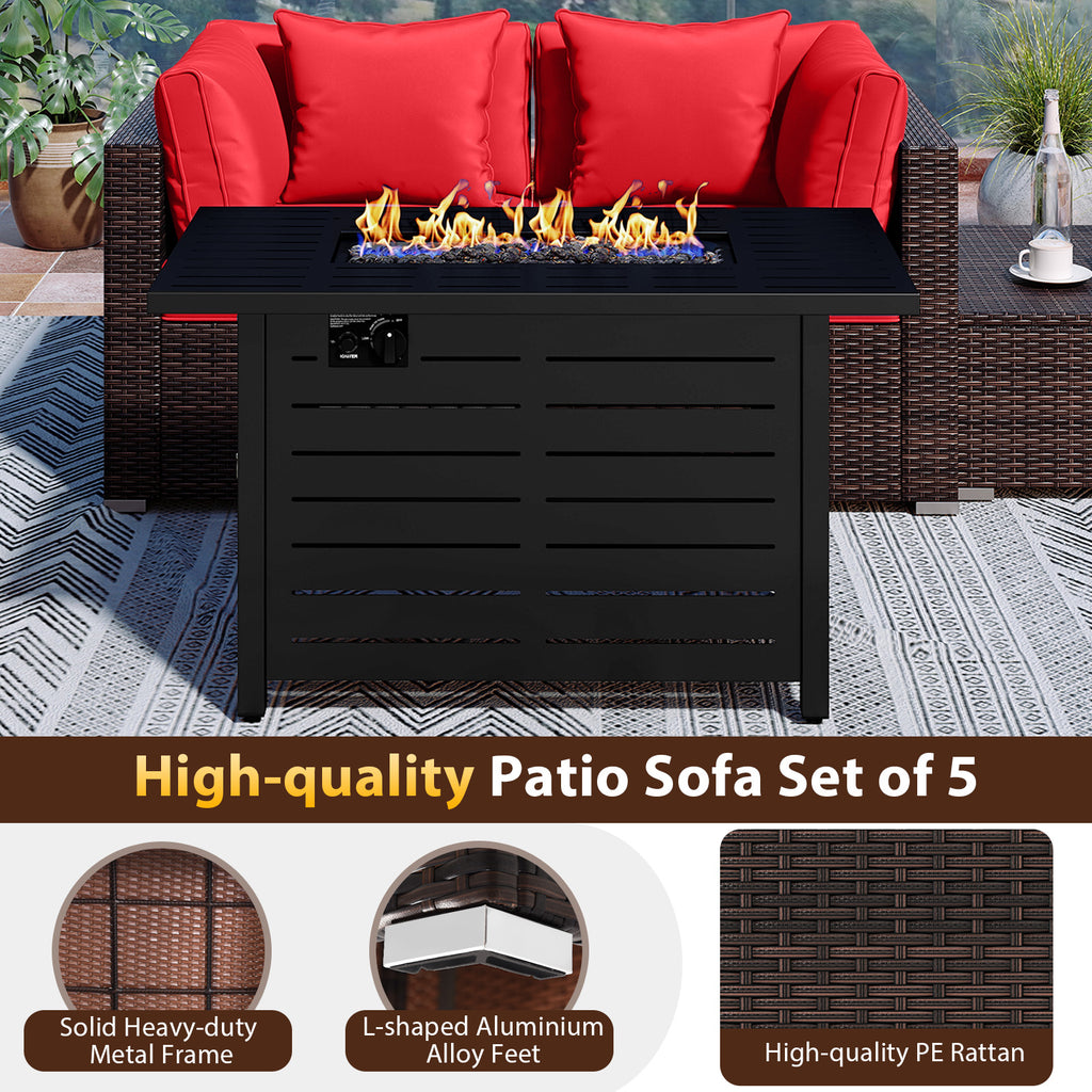Rattan Sofa Set with 60000 BTU Firepit Table - Red