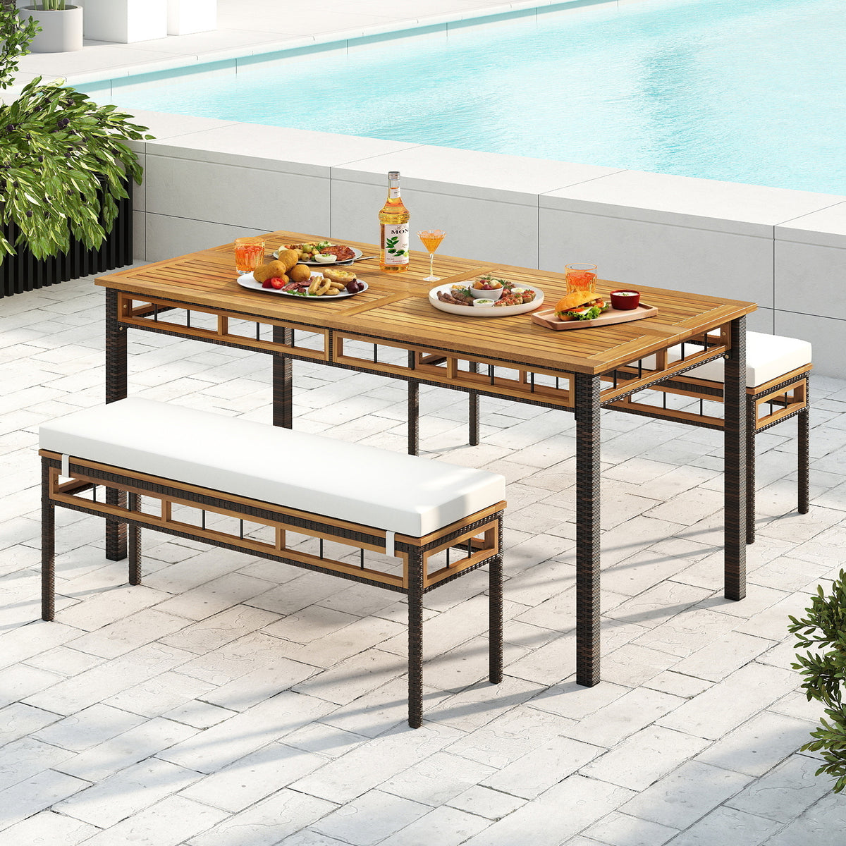 Acacia Wood Patio Dining Set - 3 Pieces with Cushions