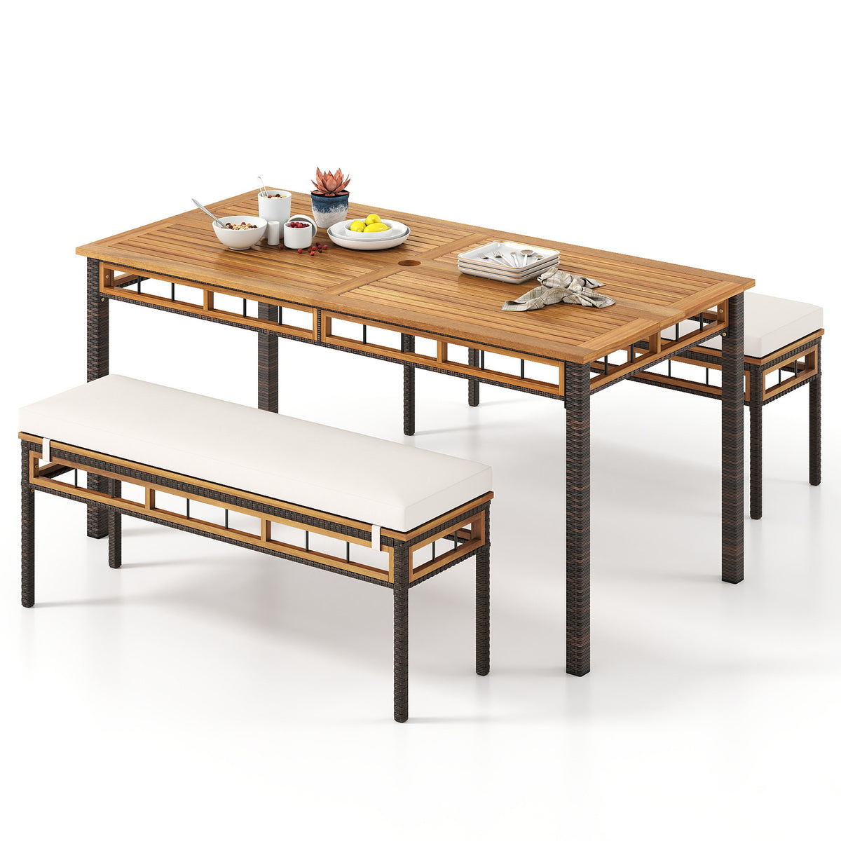 Acacia Wood Patio Dining Set - 3 Pieces with Cushions