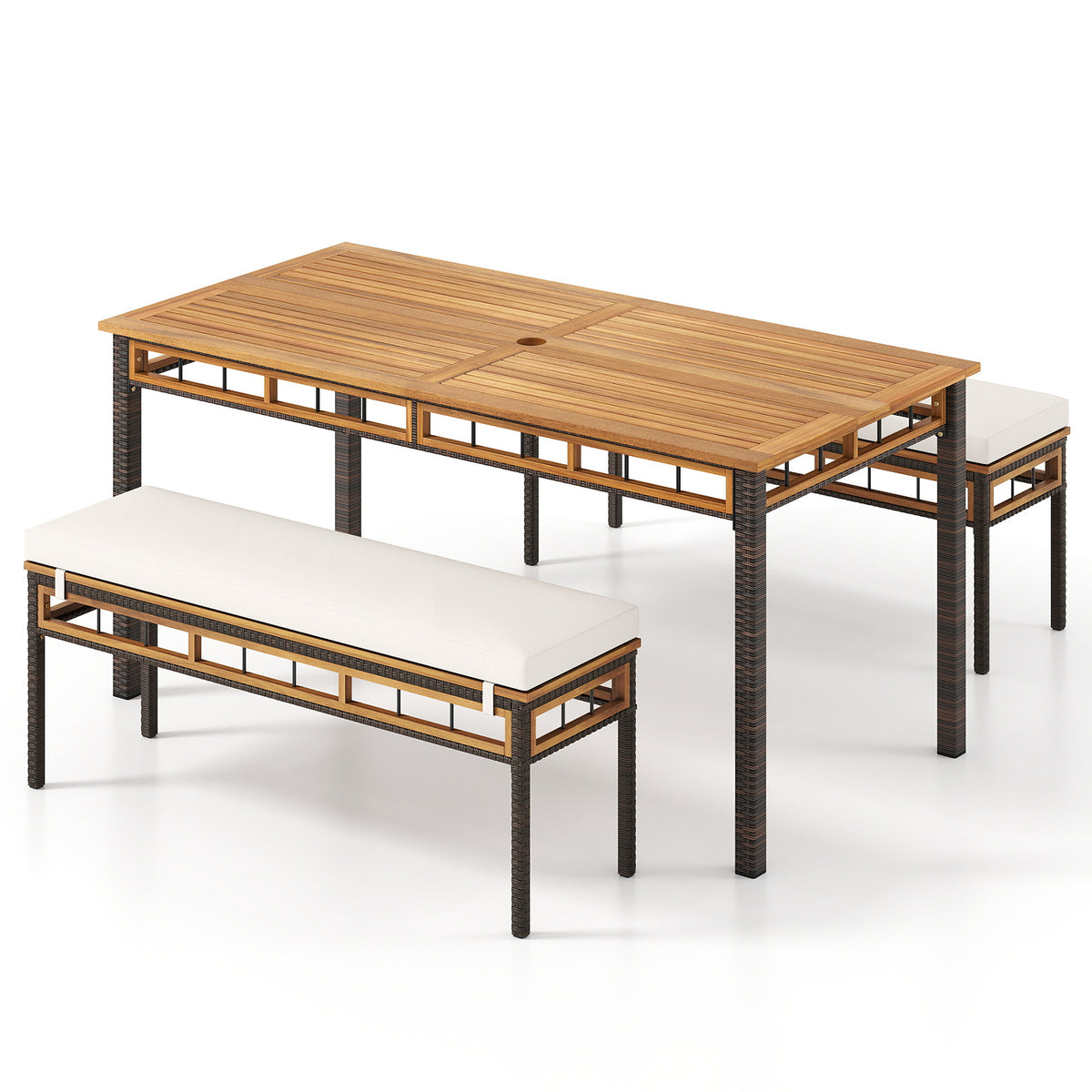 Acacia Wood Patio Dining Set - 3 Pieces with Cushions