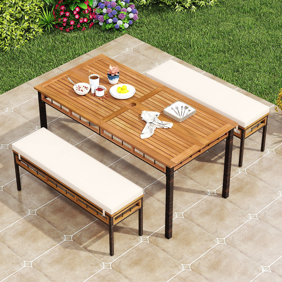 Acacia Wood Patio Dining Set - 3 Pieces with Cushions