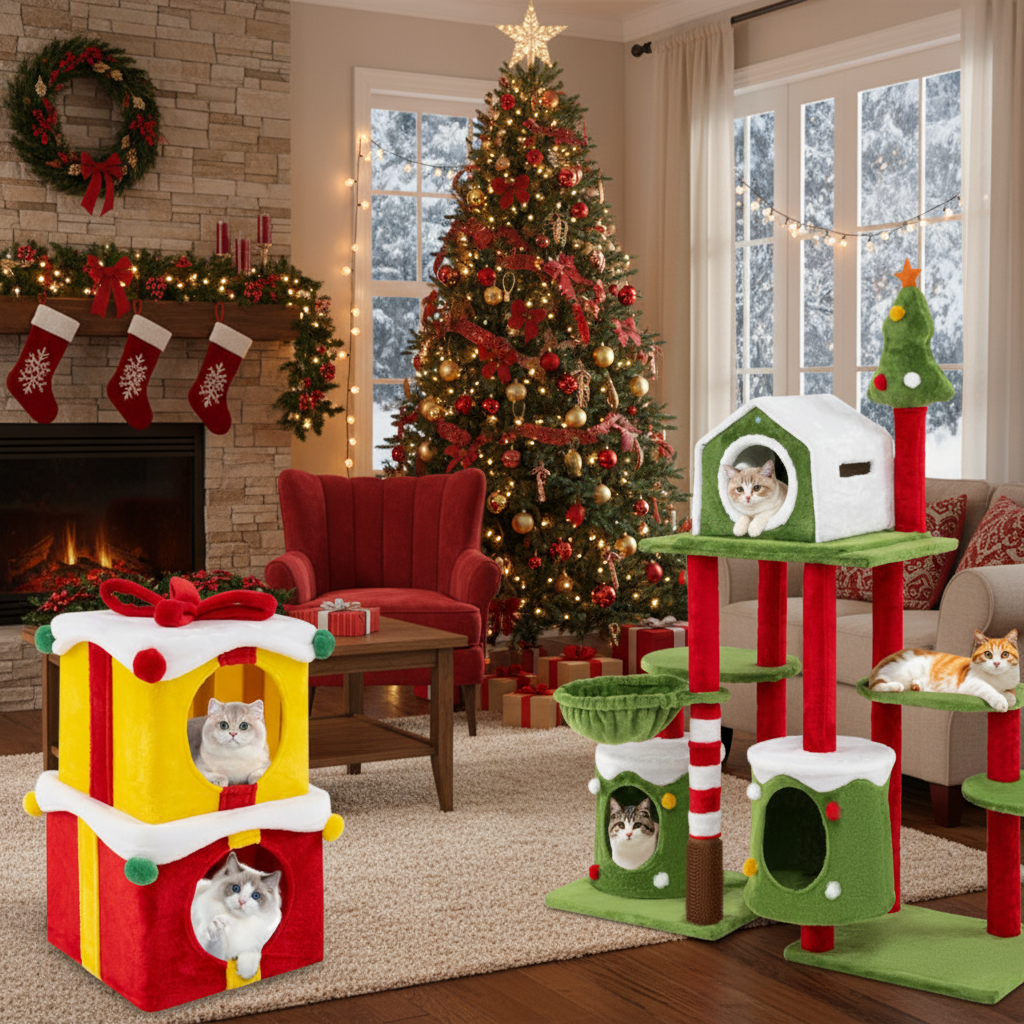Cat Tree Tower with Christmas Gift-Shaped Condos - 58 Inch Tall Cat Furniture Set