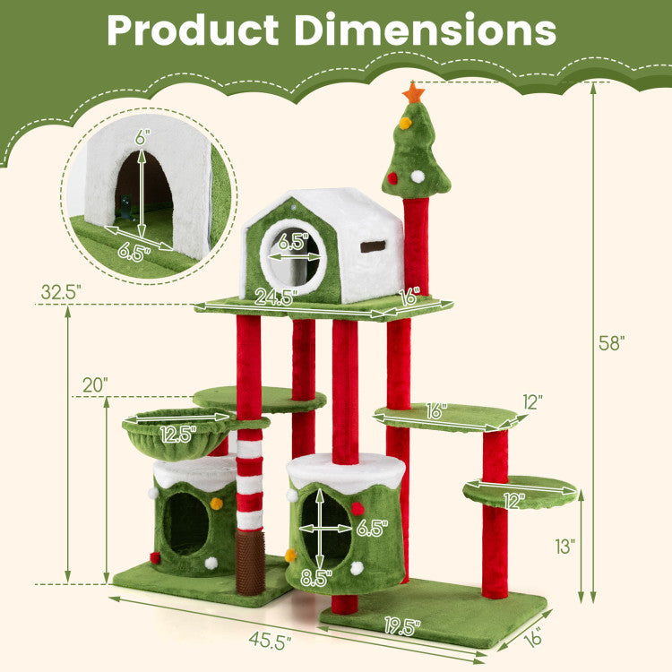 Cat Tree Tower with Christmas Gift-Shaped Condos - 58 Inch Tall Cat Furniture Set