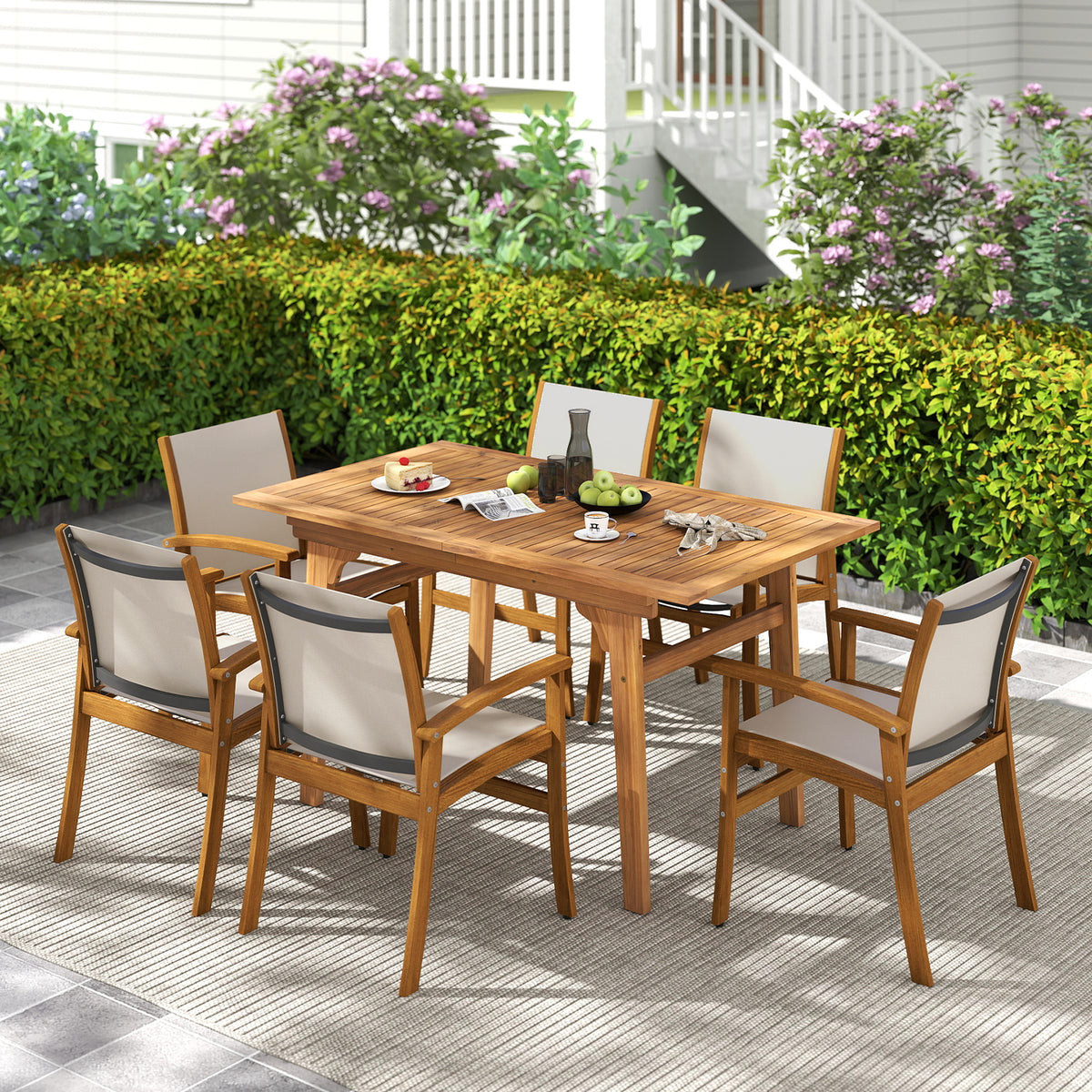 Acacia Wood Patio Dining Set for 6-8 - Gray