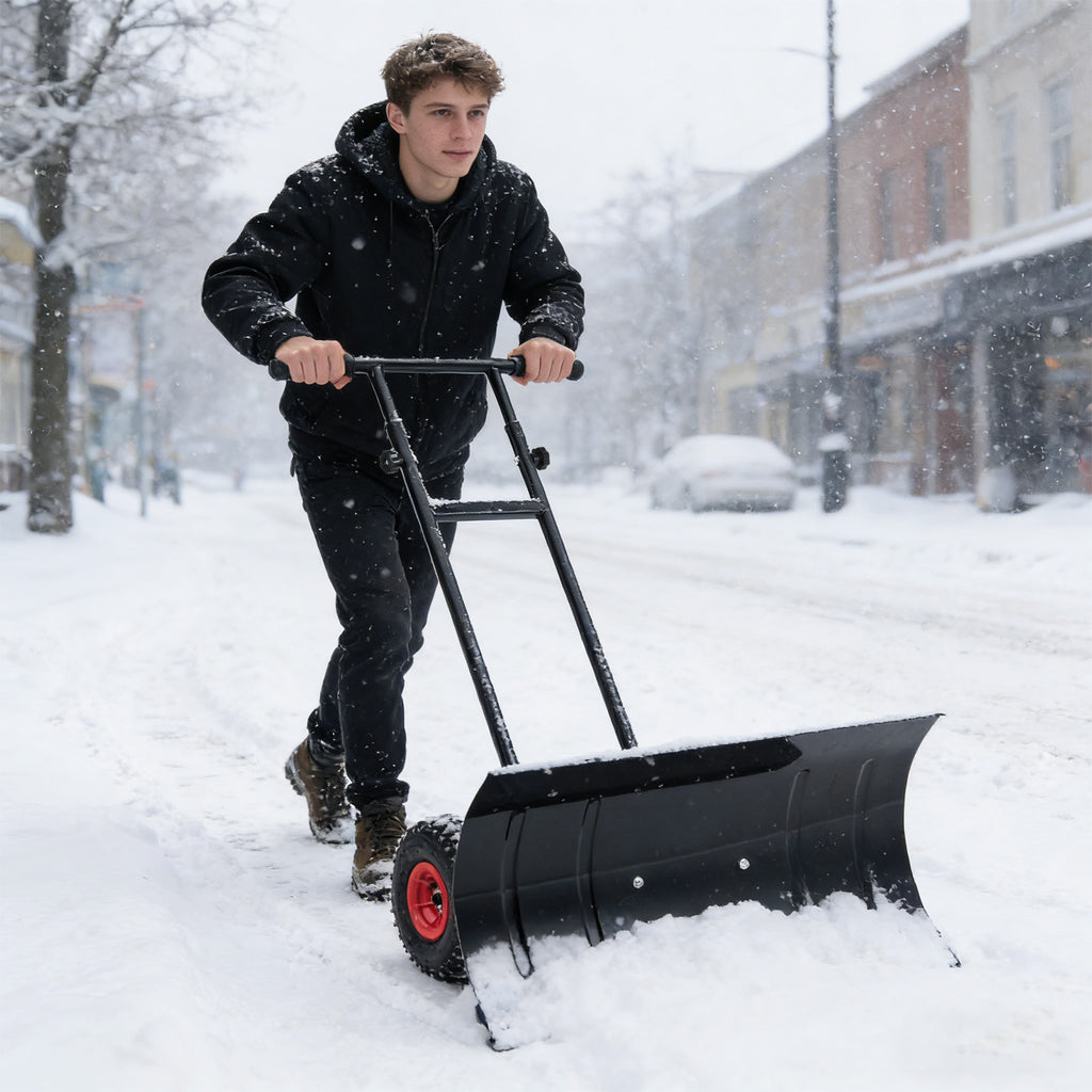 29 Inch Snow Pusher Heavy Duty Metal Shovel with Wheels and