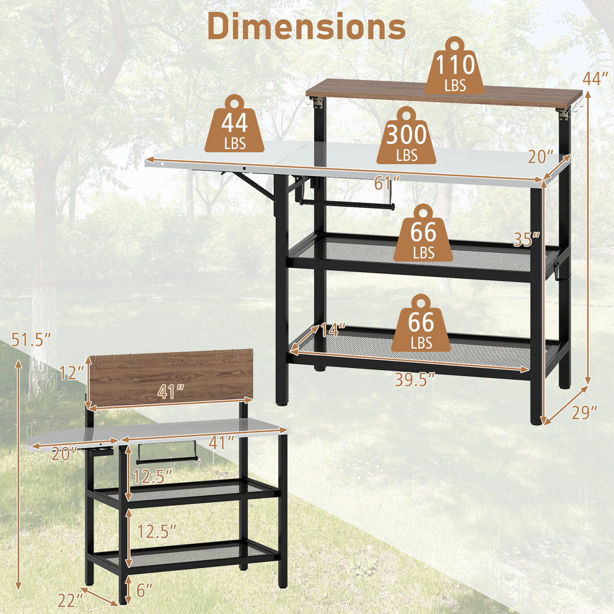 Foldable Grill Table with Flip-Up Top & Storage Shelves
