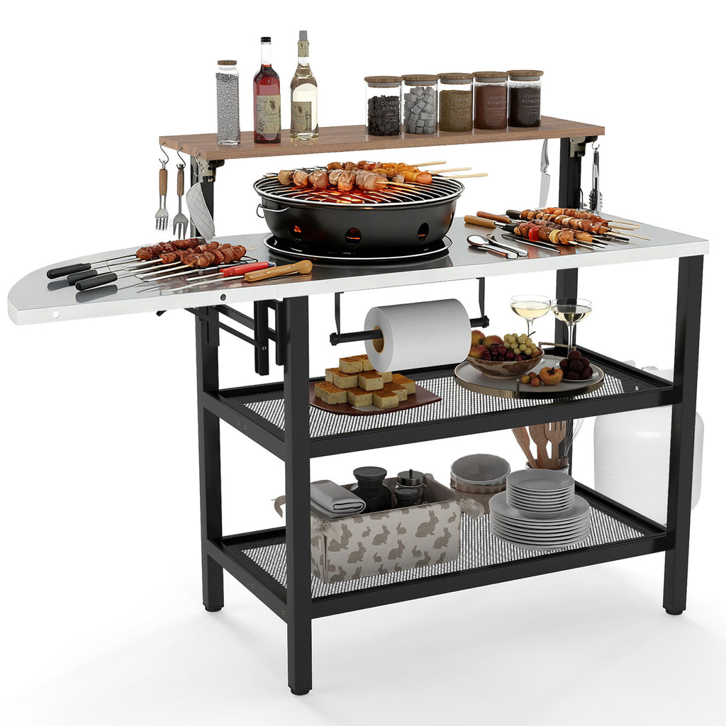 Foldable Grill Table with Flip-Up Top & Storage Shelves