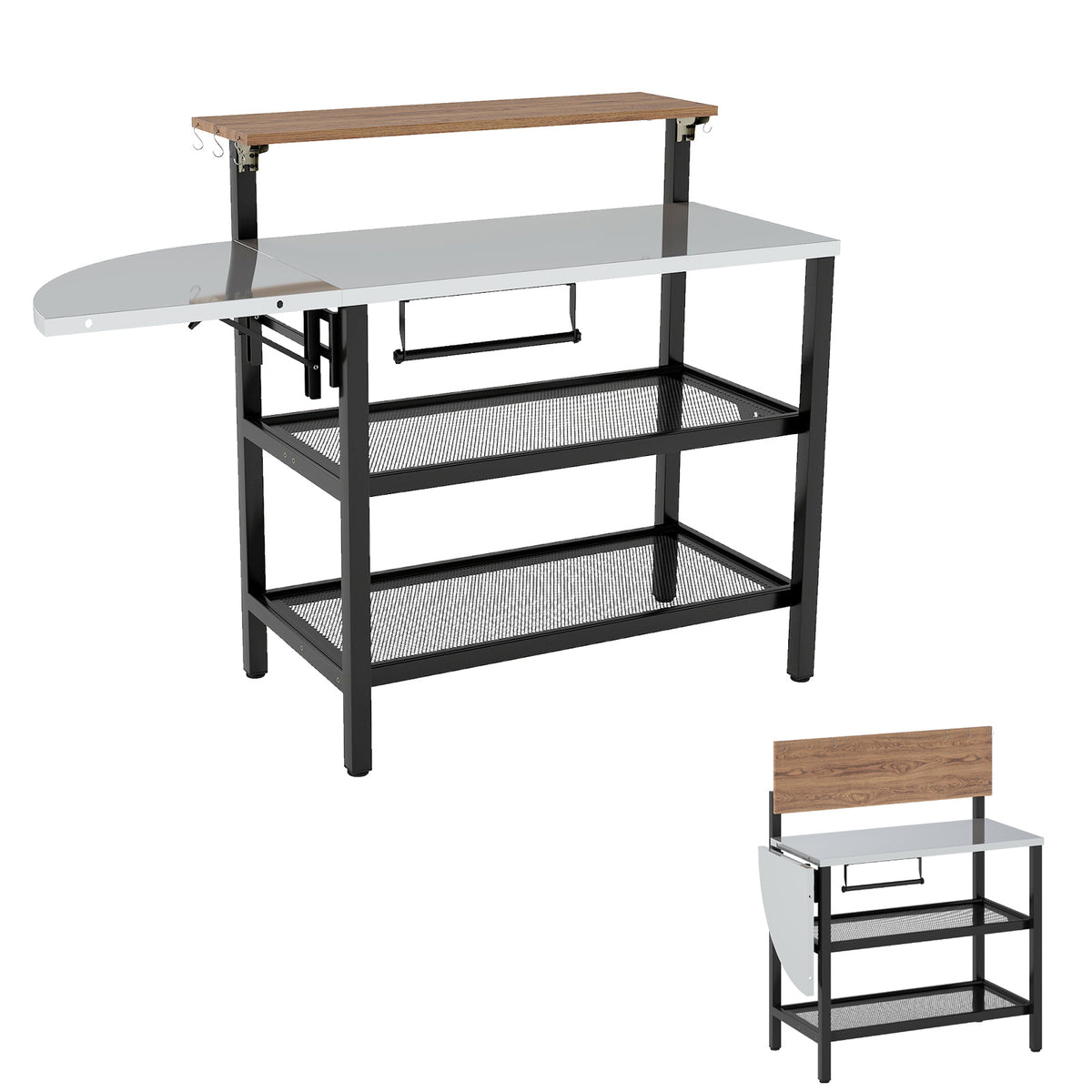 Foldable Grill Table with Flip-Up Top & Storage Shelves