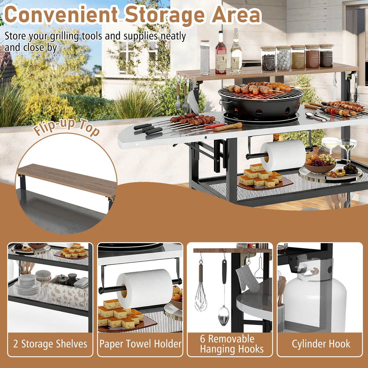Foldable Grill Table with Flip-Up Top & Storage Shelves